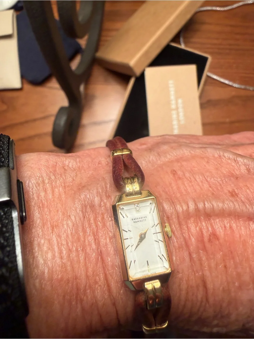 Katharine Hamnett Gold-Tone Rectangular Ladies Watch with Brown Leather Strap